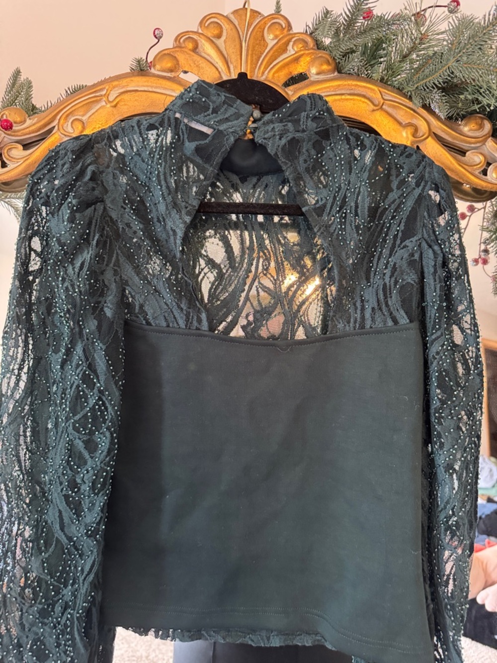 Buckle Dark Green Lace Beaded Long Sleeve Blouse - Picture 4 of 7